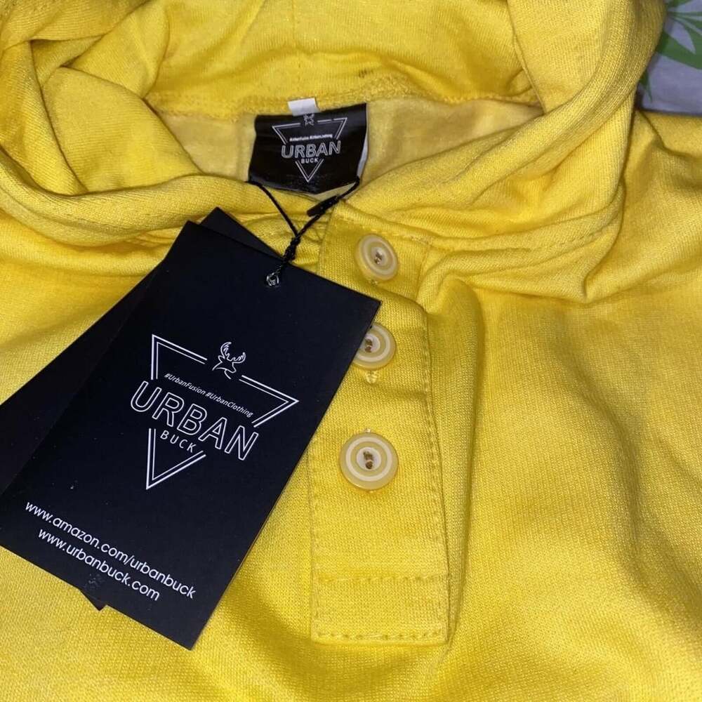 URBAN BUCK Men's Large Yellow Button Up Pullover Hooded Sweatshirt NWT